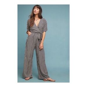 Beachgold Anthropologie lillia stripe faux wrap jumpsuit short sleeve size SP
